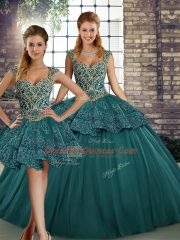 Wonderful Floor Length Green Sweet 16 Dresses Tulle Sleeveless Beading and Appliques