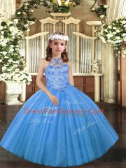 Floor Length Baby Blue Kids Pageant Dress Tulle Sleeveless Beading
