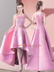 Baby Pink Satin Zipper Dama Dress for Quinceanera Sleeveless High Low Lace