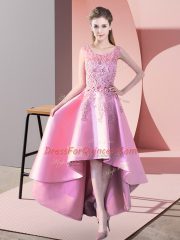 Baby Pink Satin Zipper Dama Dress for Quinceanera Sleeveless High Low Lace
