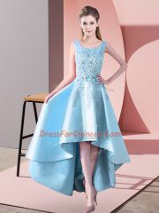 High Low Aqua Blue Quinceanera Dama Dress Satin Sleeveless Lace