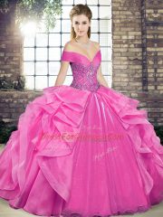 Simple Organza Off The Shoulder Sleeveless Lace Up Beading and Ruffles Quinceanera Dress in Rose Pink