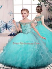 Amazing Tulle Off The Shoulder Sleeveless Lace Up Beading and Ruffles Little Girls Pageant Dress Wholesale in Aqua Blue