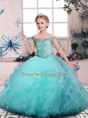 Amazing Tulle Off The Shoulder Sleeveless Lace Up Beading and Ruffles Little Girls Pageant Dress Wholesale in Aqua Blue