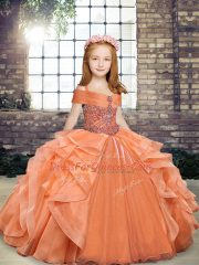 Orange Organza Lace Up Straps Sleeveless Floor Length Child Pageant Dress Beading and Ruffles