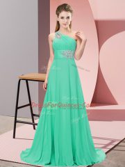 Apple Green Lace Up One Shoulder Beading Prom Gown Chiffon Sleeveless