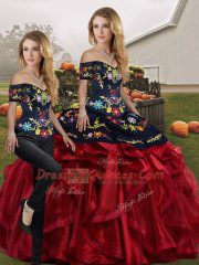 Floor Length Lace Up Vestidos de Quinceanera Red And Black for Military Ball and Sweet 16 and Quinceanera with Embroidery and Ruffles