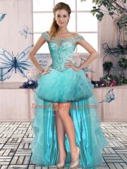 Sleeveless Tulle High Low Lace Up Prom Dress in Aqua Blue with Beading and Ruffles