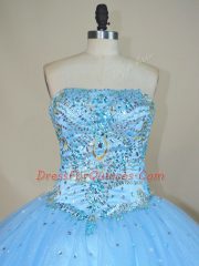 Glorious Sleeveless Tulle Floor Length Lace Up Sweet 16 Quinceanera Dress in Blue with Beading