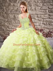Yellow Green Straps Lace Up Beading and Ruffled Layers Sweet 16 Dresses Court Train Sleeveless