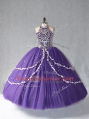 Affordable Tulle Halter Top Sleeveless Lace Up Beading 15th Birthday Dress in Purple