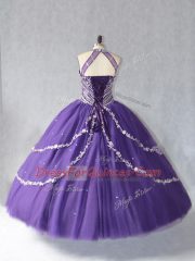 Affordable Tulle Halter Top Sleeveless Lace Up Beading 15th Birthday Dress in Purple