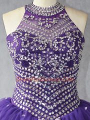 Affordable Tulle Halter Top Sleeveless Lace Up Beading 15th Birthday Dress in Purple