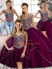 Lace Up Ball Gown Prom Dress Purple for Sweet 16 and Quinceanera with Beading Brush Train