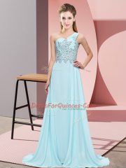 Inexpensive Light Blue Empire Chiffon One Shoulder Sleeveless Beading Floor Length Side Zipper Party Dress