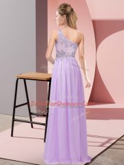 Inexpensive Light Blue Empire Chiffon One Shoulder Sleeveless Beading Floor Length Side Zipper Party Dress