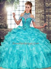 Discount Organza Sleeveless Floor Length Quinceanera Dress and Beading and Ruffles