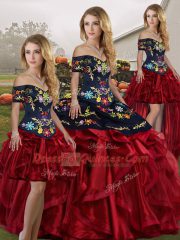 Red And Black Lace Up Off The Shoulder Embroidery and Ruffles 15 Quinceanera Dress Organza Sleeveless