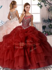 Wine Red Ball Gowns Scoop Sleeveless Organza Brush Train Zipper Beading and Pick Ups Quince Ball Gowns