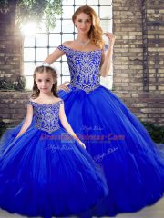 Royal Blue Sleeveless Floor Length Beading and Ruffles Lace Up Sweet 16 Dress