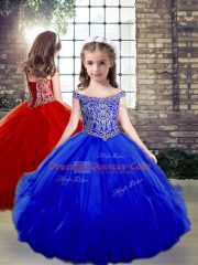 Royal Blue Sleeveless Floor Length Beading and Ruffles Lace Up Sweet 16 Dress