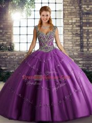 Purple Sweet 16 Quinceanera Dress Military Ball and Sweet 16 and Quinceanera with Beading and Appliques Straps Sleeveless Lace Up