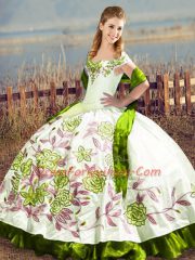 Dazzling Olive Green Satin Lace Up Quinceanera Gown Sleeveless Floor Length Embroidery