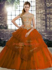 Ball Gowns Sleeveless Rust Red 15 Quinceanera Dress Brush Train Lace Up