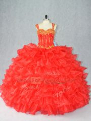 Admirable Red Ball Gowns Beading and Ruffles Vestidos de Quinceanera Lace Up Organza Sleeveless Floor Length