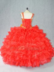Admirable Red Ball Gowns Beading and Ruffles Vestidos de Quinceanera Lace Up Organza Sleeveless Floor Length