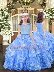 Pretty Light Blue Organza Zipper Quince Ball Gowns Sleeveless Floor Length Lace and Ruffled Layers