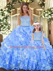Pretty Light Blue Organza Zipper Quince Ball Gowns Sleeveless Floor Length Lace and Ruffled Layers