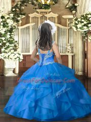Cute Floor Length Aqua Blue Little Girl Pageant Dress Tulle Sleeveless Beading and Ruffles