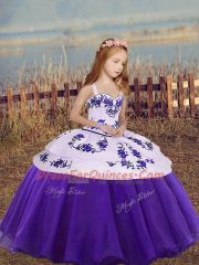 Straps Sleeveless Glitz Pageant Dress Floor Length Embroidery Eggplant Purple and Purple Organza