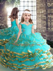 Top Selling Floor Length Aqua Blue Little Girl Pageant Gowns Tulle Sleeveless Beading and Ruching