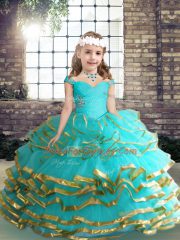 Top Selling Floor Length Aqua Blue Little Girl Pageant Gowns Tulle Sleeveless Beading and Ruching