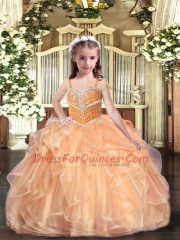 Peach Organza Lace Up Kids Formal Wear Sleeveless Floor Length Beading and Ruffles
