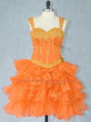 Orange Ball Gowns Straps Sleeveless Organza Mini Length Lace Up Beading and Ruffled Layers Dress for Prom