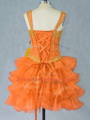Orange Ball Gowns Straps Sleeveless Organza Mini Length Lace Up Beading and Ruffled Layers Dress for Prom
