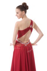 Perfect Red Prom Dress Prom and Party and Military Ball with Beading and Ruching One Shoulder Sleeveless Backless
