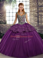 Purple Ball Gowns Straps Sleeveless Tulle Floor Length Lace Up Beading and Appliques Quinceanera Dress