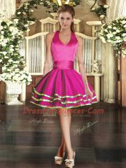 Traditional Fuchsia Lace Up Halter Top Ruffled Layers Evening Dress Tulle Sleeveless