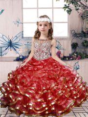 Red Ball Gowns Beading and Ruffles Pageant Dress Womens Lace Up Organza Sleeveless Floor Length