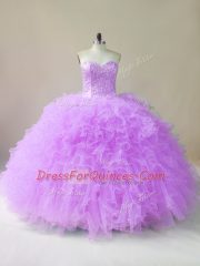 Affordable Lilac Lace Up Sweetheart Beading and Ruffles Ball Gown Prom Dress Tulle Sleeveless