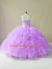 Affordable Lilac Lace Up Sweetheart Beading and Ruffles Ball Gown Prom Dress Tulle Sleeveless