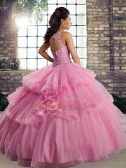 Ideal Tulle Scoop Sleeveless Lace Up Lace and Embroidery and Ruffles Quinceanera Dress in Champagne
