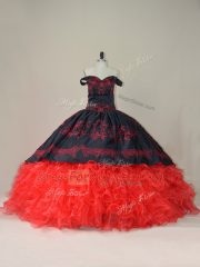 Off The Shoulder Sleeveless Brush Train Lace Up Sweet 16 Dresses Red And Black Satin and Organza