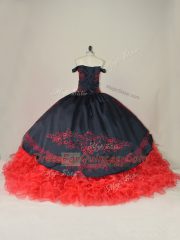 Off The Shoulder Sleeveless Brush Train Lace Up Sweet 16 Dresses Red And Black Satin and Organza