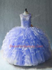 Lavender Lace Up Quinceanera Gowns Beading and Ruffles Sleeveless Floor Length