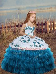 Eye-catching Blue Lace Up Straps Embroidery and Ruffled Layers Little Girl Pageant Gowns Sleeveless